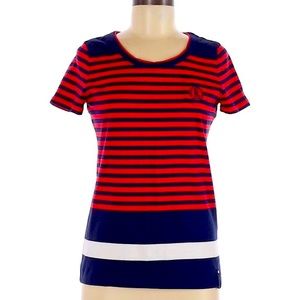 L-RL Lauren Active Ralph Lauren Red White & Blue Striped T-Shirt Size Small Logo